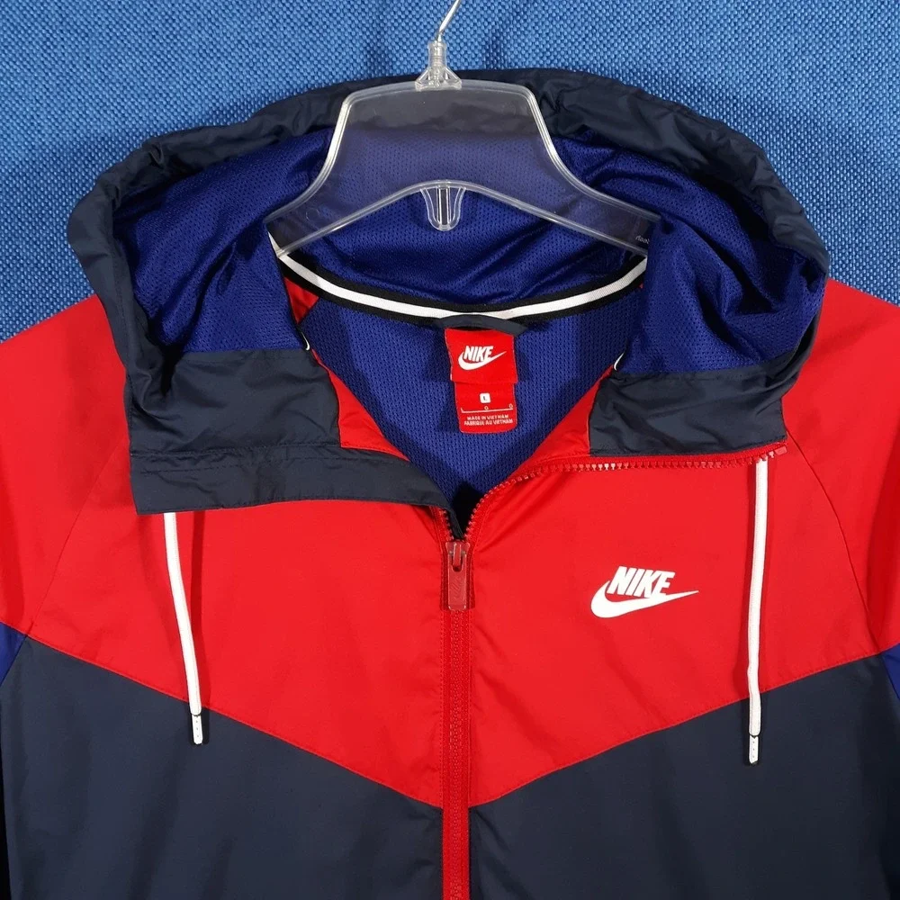 Nike Windbreaker Jacket Mens L Blue Red Colorblock Hooded Full Zip Mesh Vented
